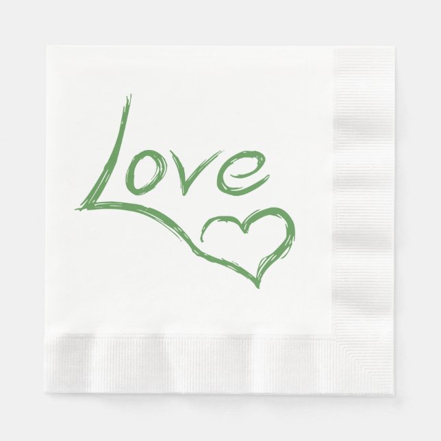 Love & Hearts Green & White Wedding Party Napkin (Front)