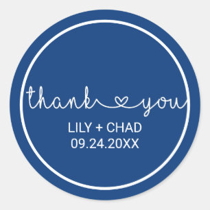 Love Hearts   Navy Thank You Wedding Favour Classic Round Sticker