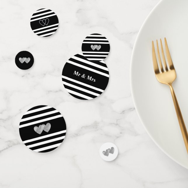 Love hearts on black & white striped wedding confetti (Group)