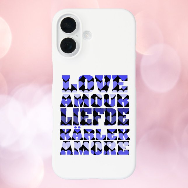 Love Hearts Pattern Blue Case-Mate iPhone Case (A phone case that says love in English and foreign language with blue hearts)