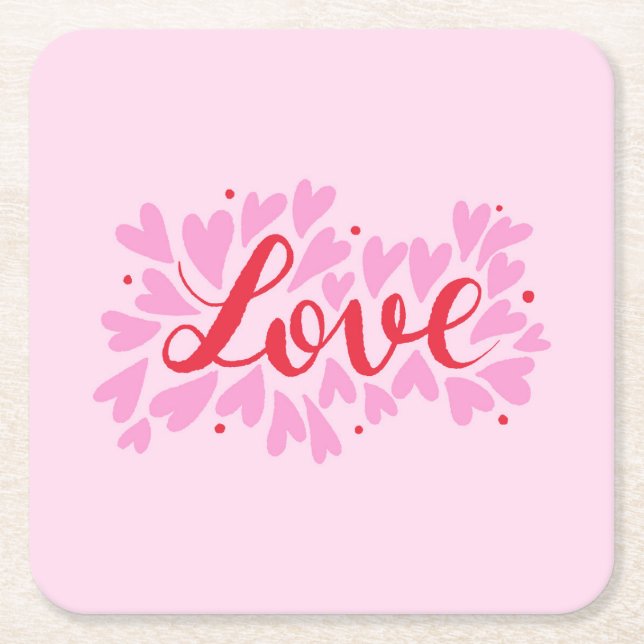 Love hearts - pink and red square paper coaster (Front)