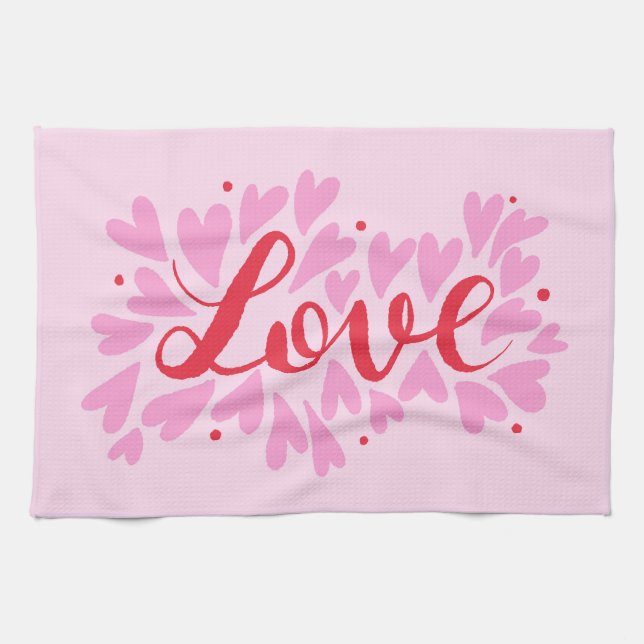 Love hearts - pink and red tea towel (Horizontal)