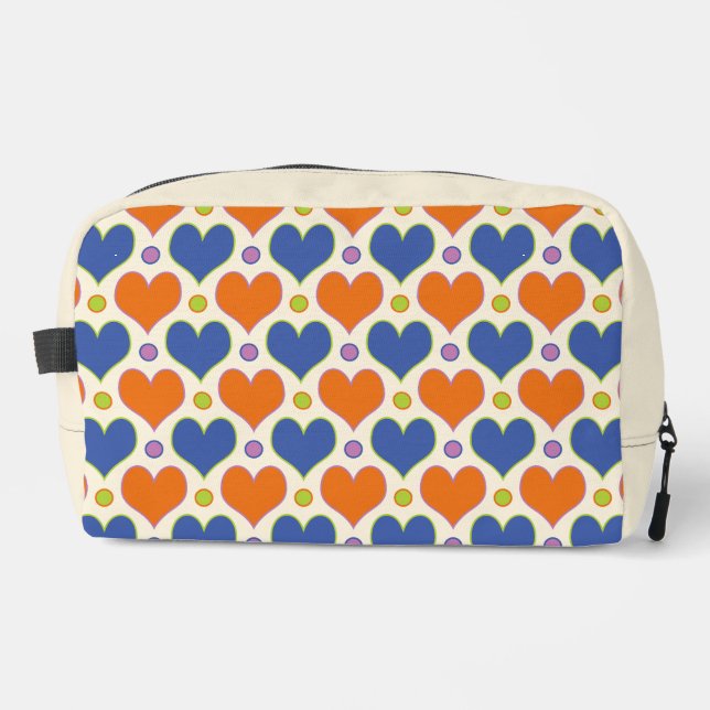 Love Hearts & Polka Dots pattern in Blue & Orange Dopp Kit (Front)