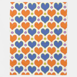 Love Hearts & Polka Dots pattern in Blue & Orange Fleece Blanket