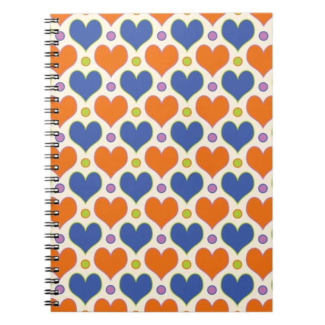 Love Hearts & Polka Dots pattern in Blue & Orange Notebook (Front)