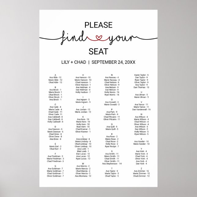 Love Hearts | Red Seating Chart (Front)
