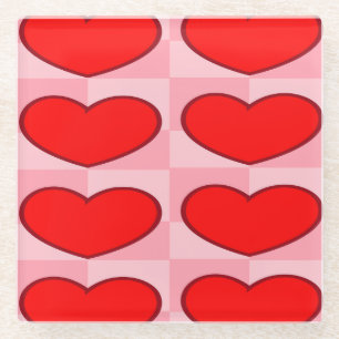 Love hearts red squares glass coaster