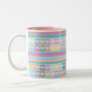 Love hearts Valentines Day design pastel colours c Two-Tone Coffee Mug