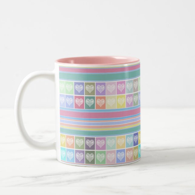 Love hearts Valentines Day design pastel colours c Two-Tone Coffee Mug (Left)