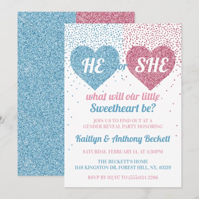 Love Hearts Valentine's Day Gender Reveal Party Invitation (Front/Back)