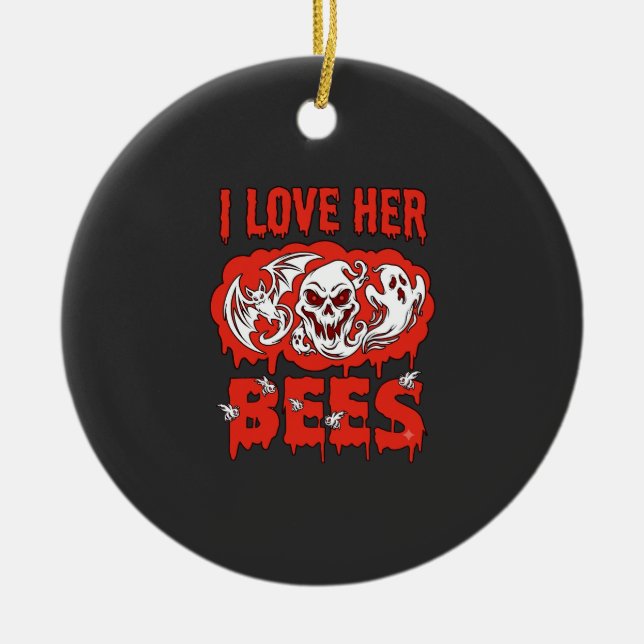 Love Her Bees Skull Ghost Bat Blood Drip Ceramic Tree Decoration (Front)