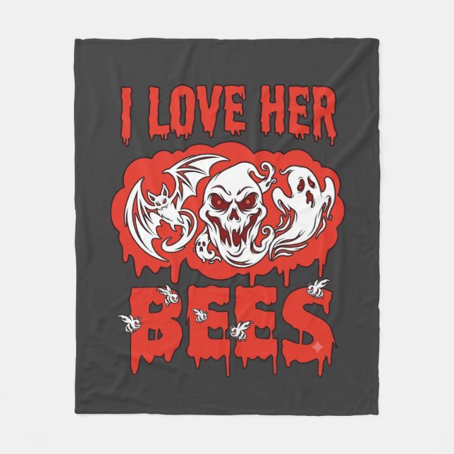 Love Her Bees Skull Ghost Bat Blood Drip Fleece Blanket (Front)