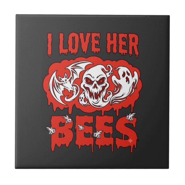 Love Her Bees Skull Ghost Bat Blood Drip Tile (Front)
