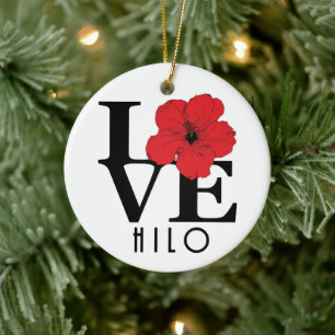 LOVE Hilo Hawaii Red Hibiscus Ceramic Tree Decoration