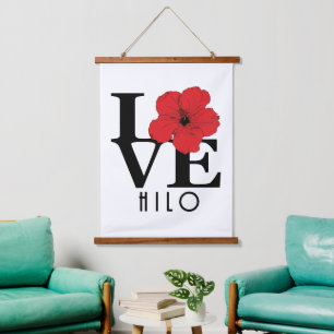 LOVE Hilo Hawaii Red Hibiscus Hanging Tapestry