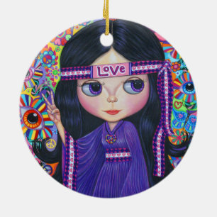 Love Hippie Girl Peace Sign Big Eyes Purple Cute Ceramic Tree Decoration