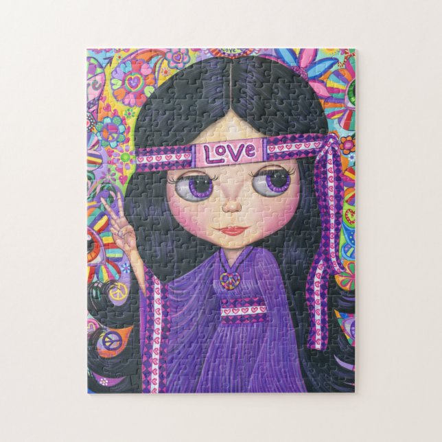 Love Hippie Girl Peace Sign Big Eyes Purple Jigsaw Puzzle (Vertical)