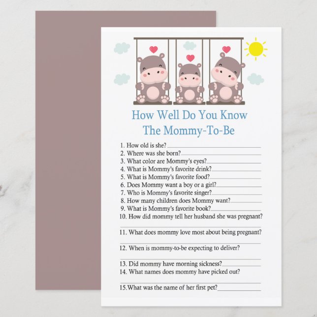 Love hippo How well do you know baby shower game (Front/Back)