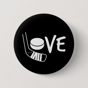 Love Hockey Spelled Out Sticks and Puck Black 6 Cm Round Badge