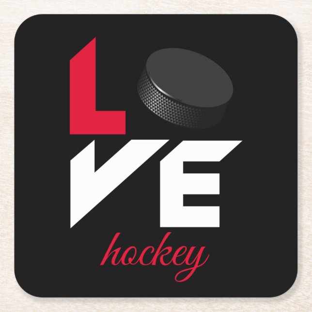 Love hockey square paper coaster (Front)