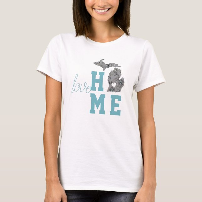 Love Home State Michigan Grey Blue Poppies T-Shirt (Front)
