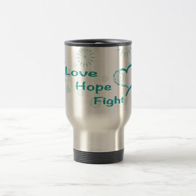 Love Hope Fight  - Ovarian Cancer Awareness Travel Mug (Center)