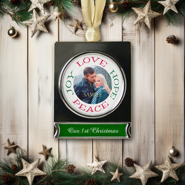 Love Hope Joy Peace Photo Template Silver Plated Banner Ornament (Creator Uploaded)