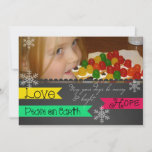 Love, Hope, Peace on Earth Holiday Photo Card<br><div class="desc">A chalkboard look background with red, green, and yellow ribbons that read "Love, Hope, Peace on Earth", snowflakes, and an area you can add your photo! The back reads "Joy to the World" and has areas you can add your last name and first names. This beautiful holiday greeting photo card...</div>