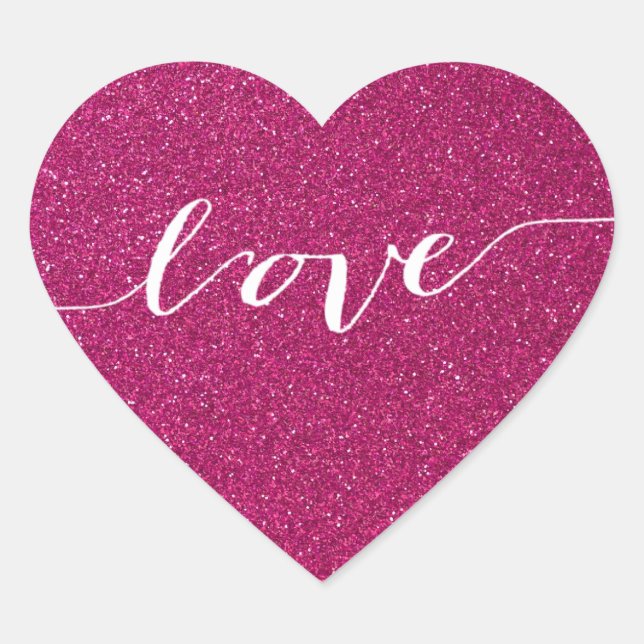 Love-Hot Pink Glitter Heart Wedding Favour Heart Sticker (Front)