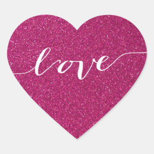 Love-Hot Pink Glitter Heart Wedding Favour Sticker