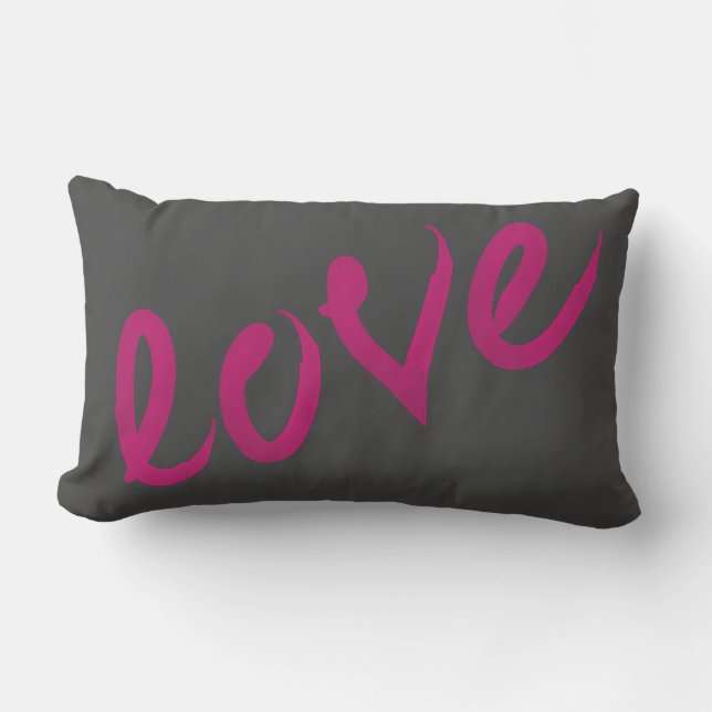 LOVE | Hot Pink Watercolor on Grey Throw Pillow (Front)