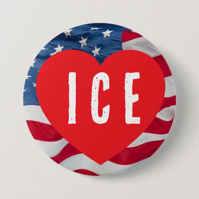 LOVE ICE HEART W/FLAG 7.5 CM ROUND BADGE (Front)