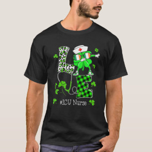 Love ICU Life St Patricks Day Buffalo Plaid Shamro T-Shirt