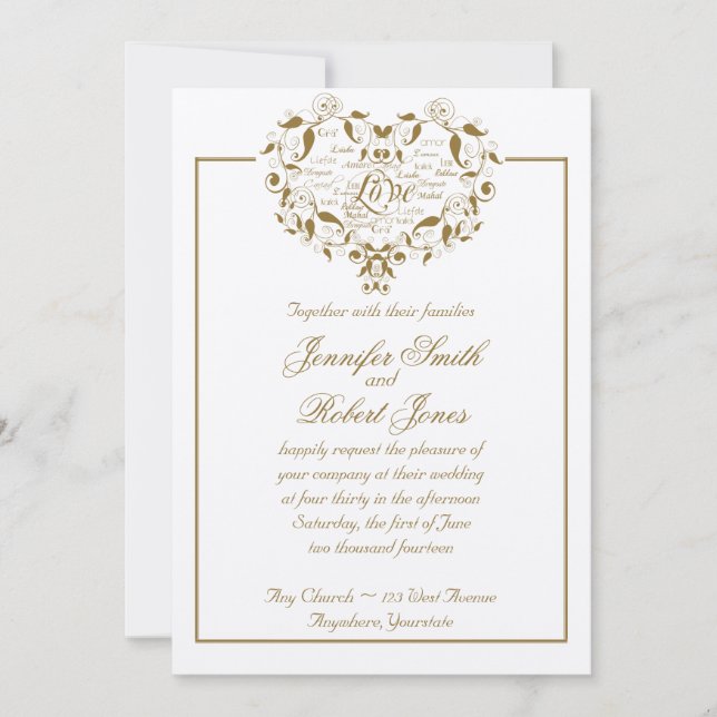 Love in Any Language in Gold Wedding Invitation (Front)