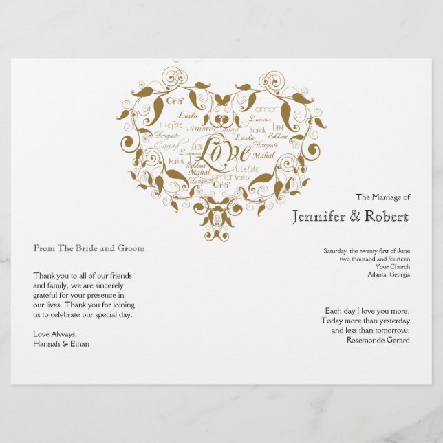Love in Any Language in Gold Wedding Program (Front)