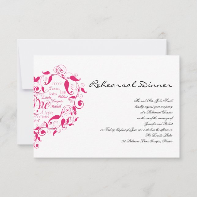Love in Any Language in Hot Pink Wedding Rehearsal Invitation (Front)