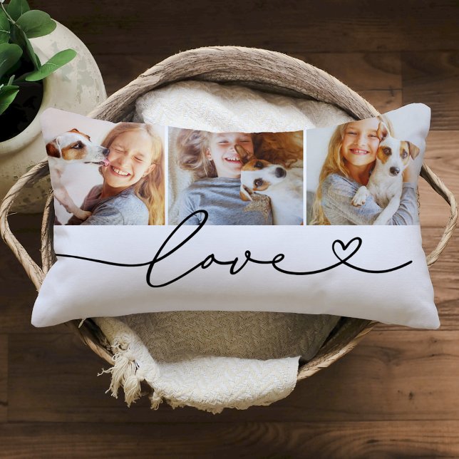 Love in Black Heart Script Custom 3 Photo Collage Lumbar Cushion (Creator Uploaded)