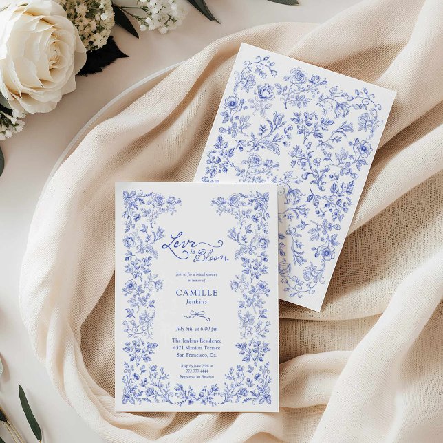 Love in Bloom Blue Floral Bridal Shower Invitation (Blue Floral Love in Bloom Bridal Shower Invitation)