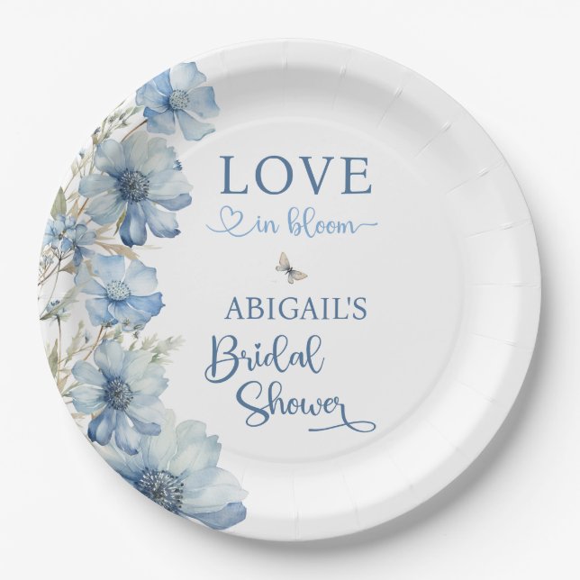 LOVE IN BLOOM BLUE FLORAL BRIDAL SHOWER PAPER PLATE (Front)