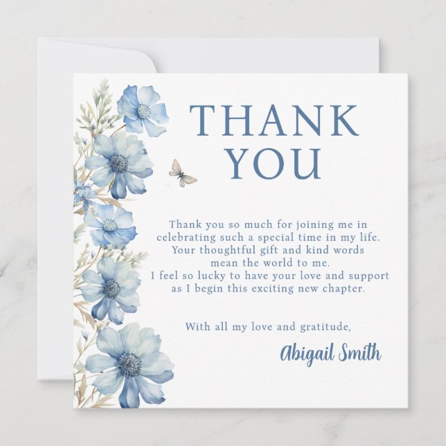 LOVE IN BLOOM BLUE FLORAL BRIDAL SHOWER THANK YOU CARD (Front)
