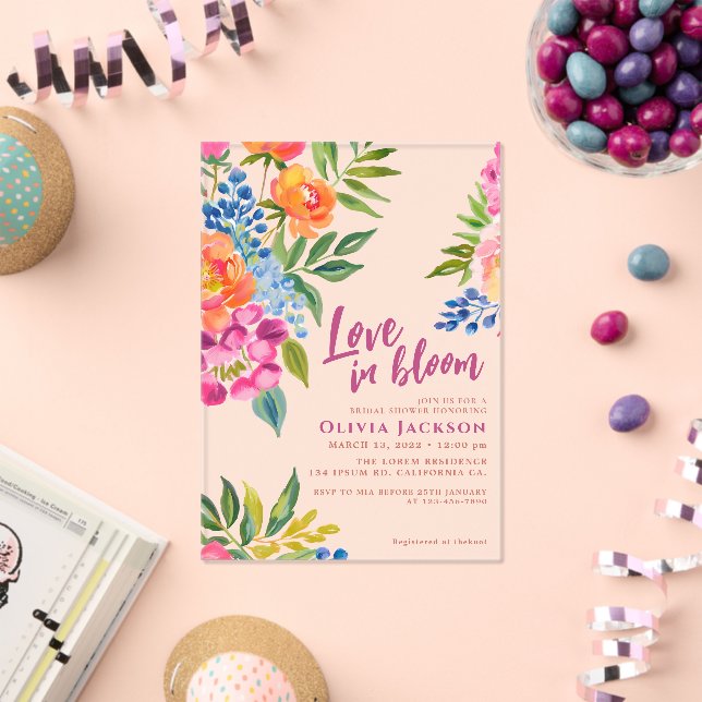 Love in bloom Bold floral Colourful bridal shower Acrylic Invitations (Insitu (Celebration))