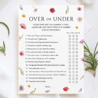 Love in Bloom Bridal Shower Over & Under Game Card