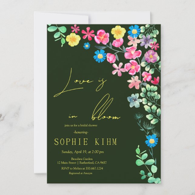 Love In Bloom Dark Green Floral Bridal Shower Invitation (Front)