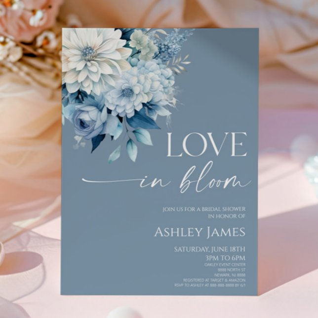 Love In Bloom Dusty Blue Floral Bridal Shower Invitation (Creator Uploaded)