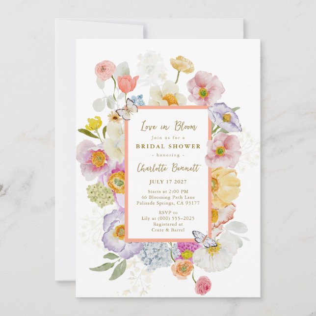 Love In Bloom Floral Butterfly Bridal Shower Invitation (Front)