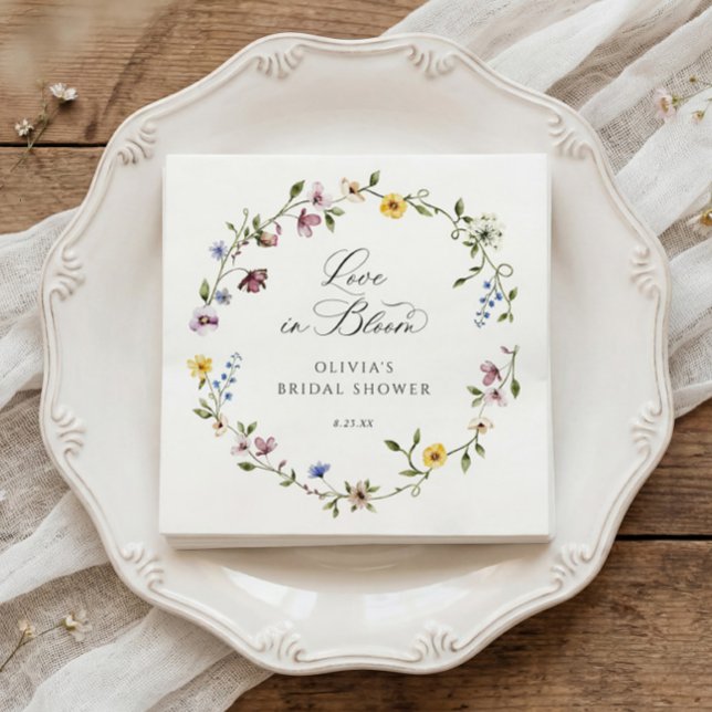 Love in Bloom Floral Wildflower Bridal Shower Napkin (Bridal shower napkins with watercolor wildflower wreath and elegant love is in bloom script)