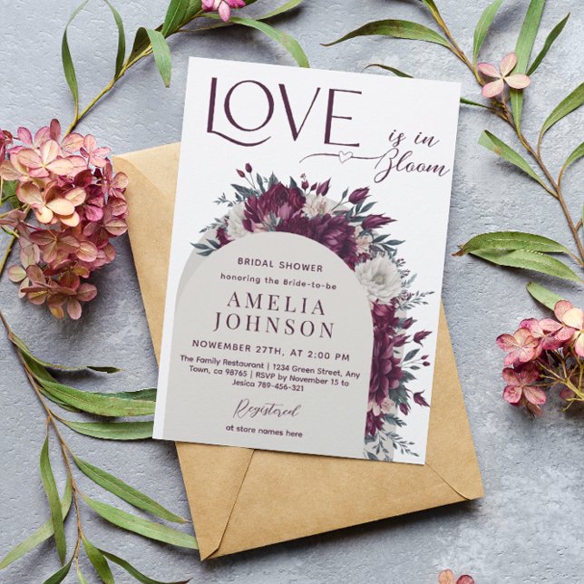 Love in Bloom Flowers Burgundy Cream Bridal Shower Invitation (Creator Uploaded)
