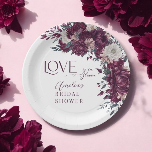 Love in Bloom Flowers Burgundy Cream Bridal Shower Paper Plate (Creator Uploaded)