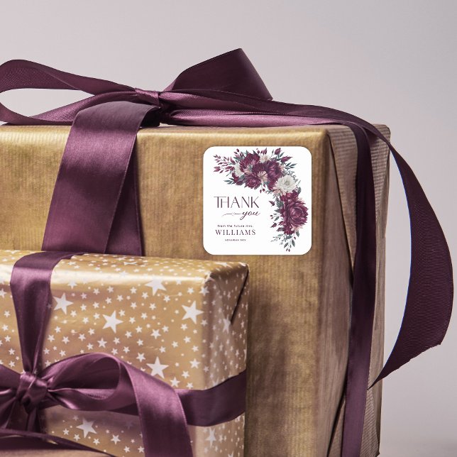 Love in Bloom Flowers Burgundy Cream Bridal Shower Square Sticker (Creator Uploaded)