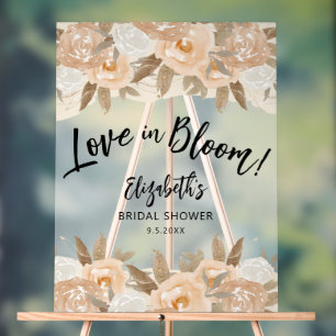 Love in Bloom Peach Flowers Bridal Shower Acrylic Sign